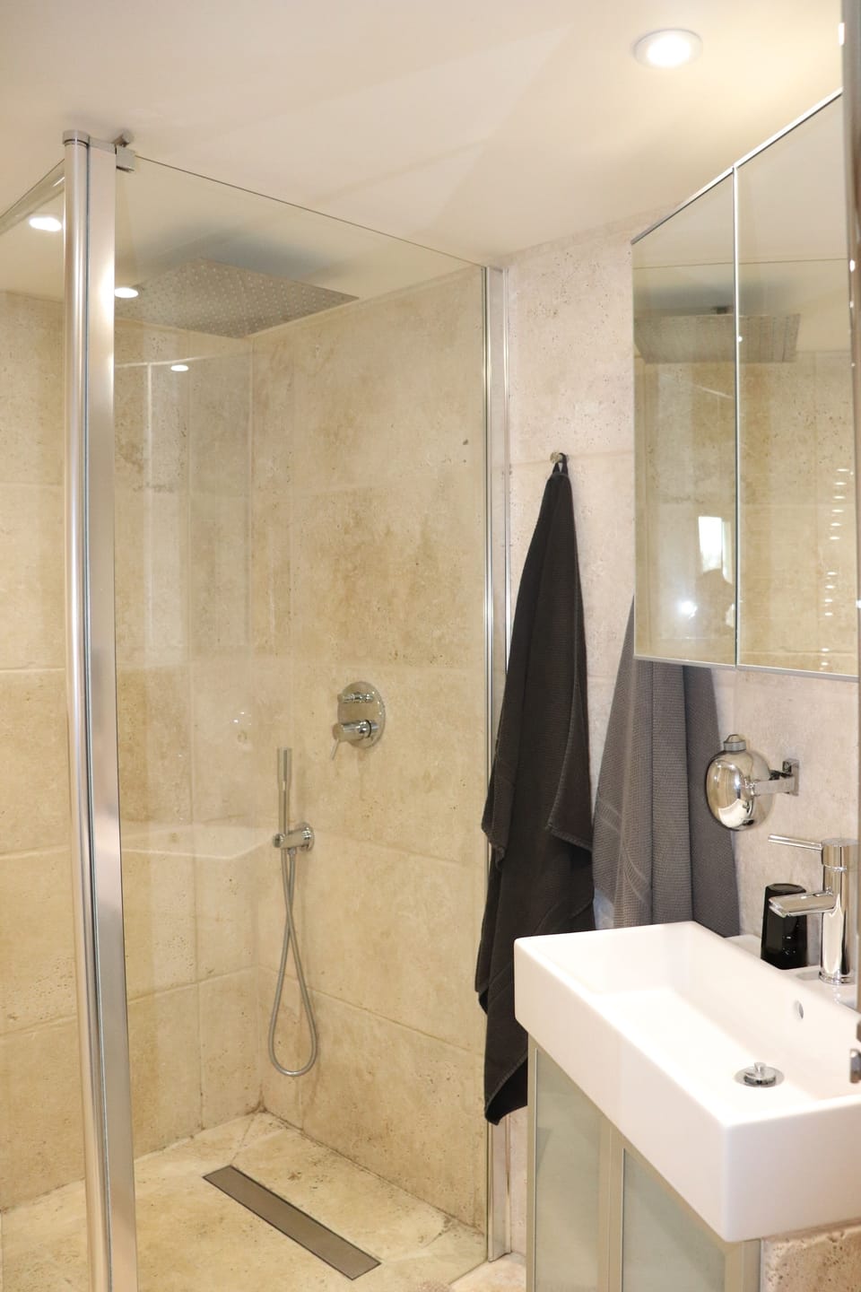 Double Room (N°1) | Bathroom | Shower, rainfall showerhead, hair dryer, towels