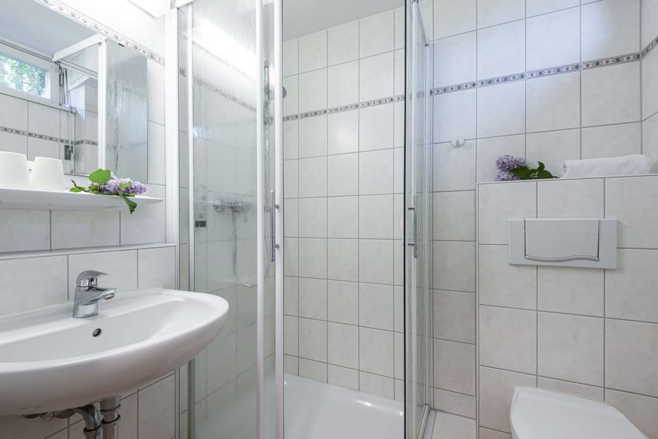 Shower, hair dryer, towels, shampoo