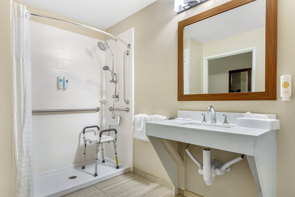 Suite, 1 King Bed, Accessible, Non Smoking | Bathroom | Rainfall showerhead, free toiletries, hair dryer, towels