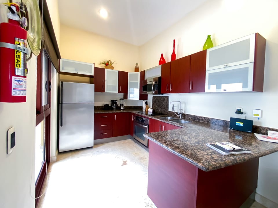 Deluxe Apartment | Private kitchen | Full-size fridge, microwave, oven, stovetop