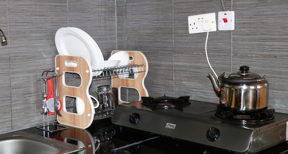 Fridge, microwave, electric kettle, cookware/dishes/utensils
