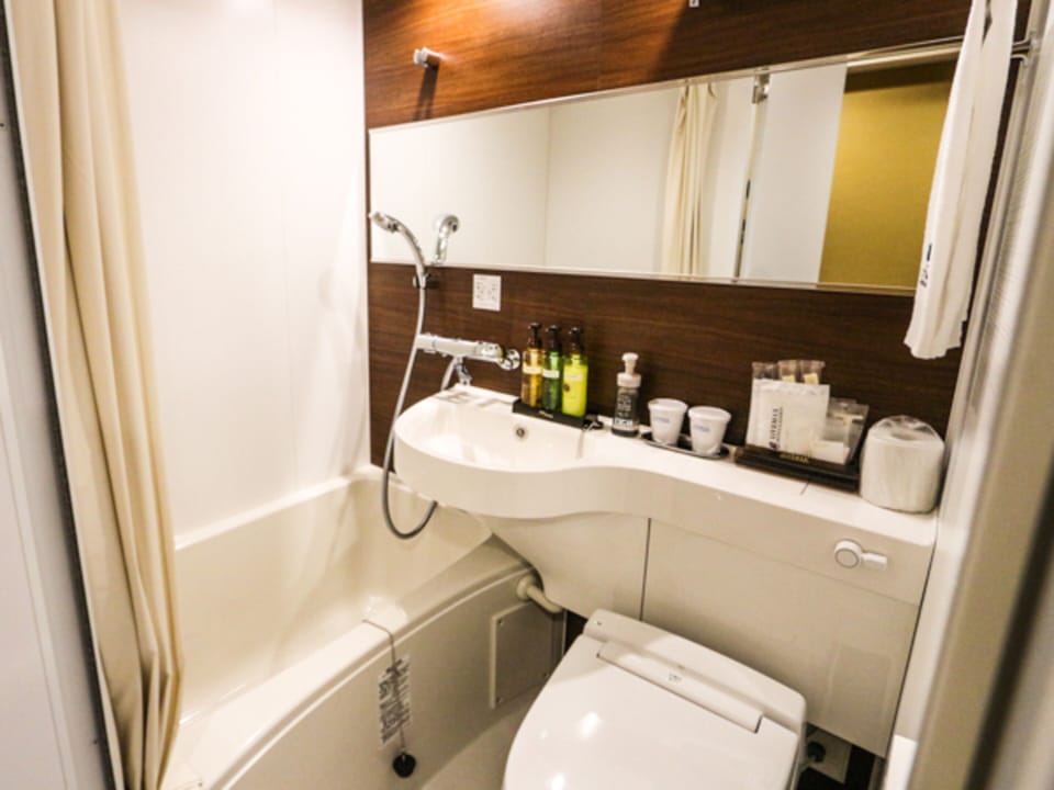 Combined shower/tub, deep soaking tub, free toiletries, hair dryer