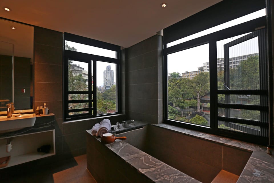 Deluxe Double Room, Park View | Bathroom | Separate tub and shower, spring water tub, rainfall showerhead