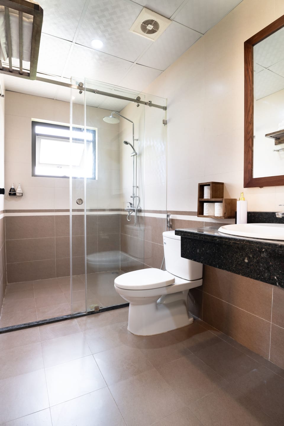 Shower, rainfall showerhead, designer toiletries, hair dryer
