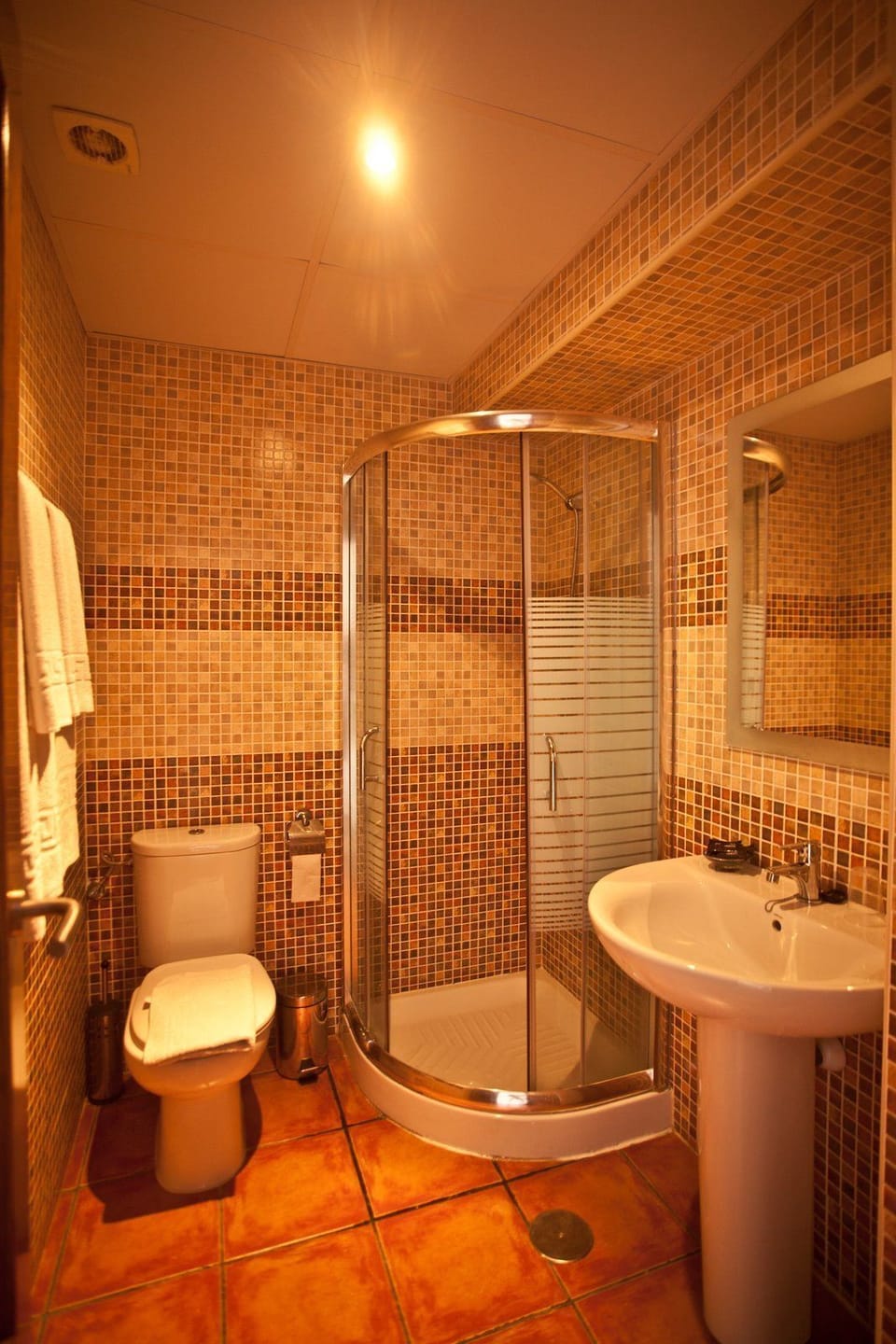 Shower, designer toiletries, hair dryer, towels