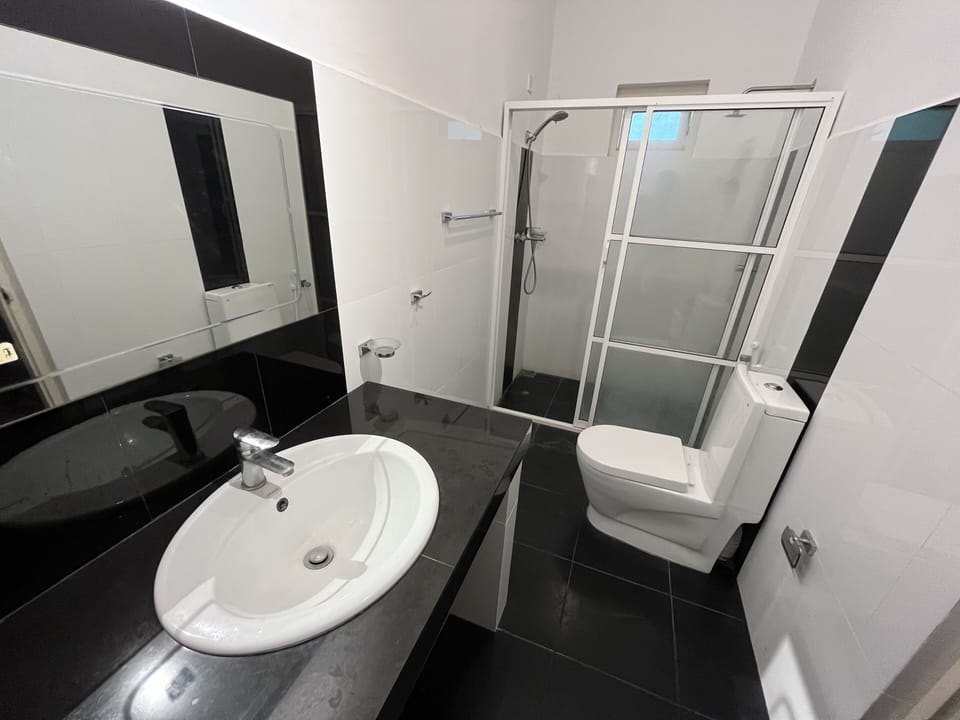 Shower, free toiletries, hair dryer, bathrobes