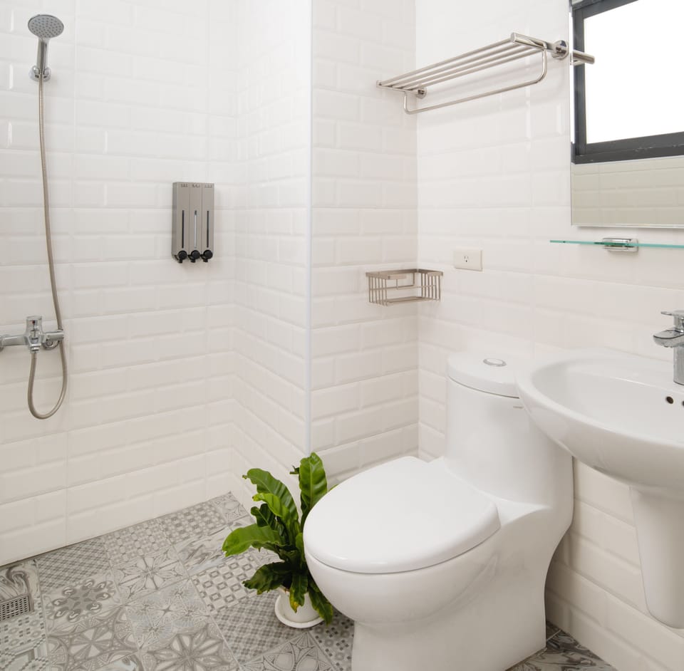 Shower, free toiletries, hair dryer, slippers