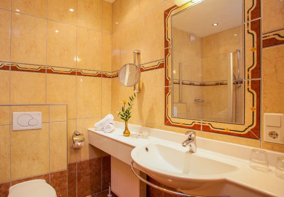 Combined shower/tub, free toiletries, hair dryer, towels