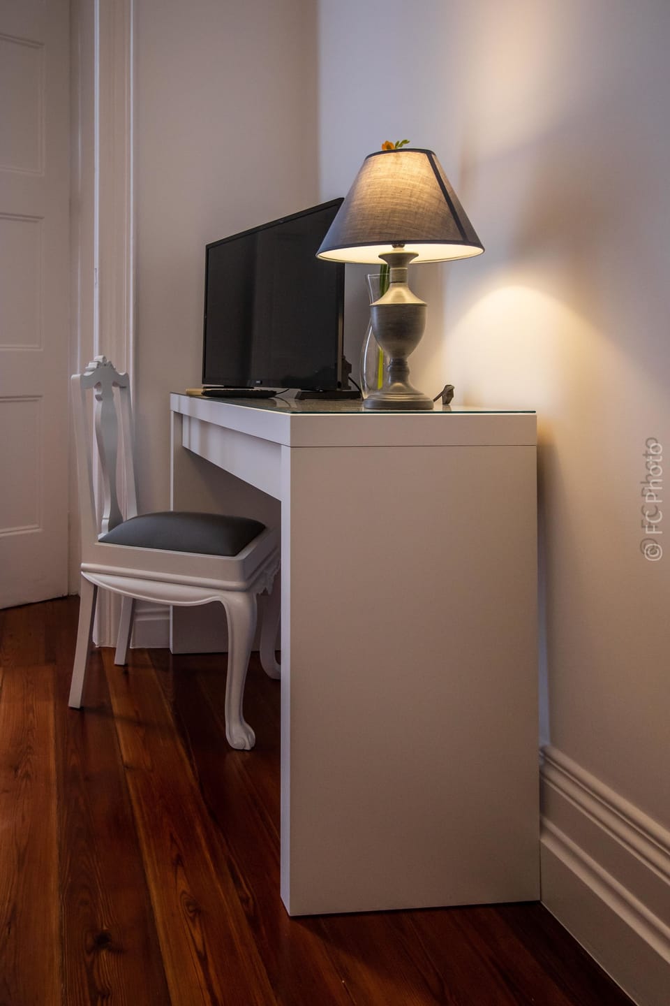 Desk, laptop workspace, blackout drapes, soundproofing