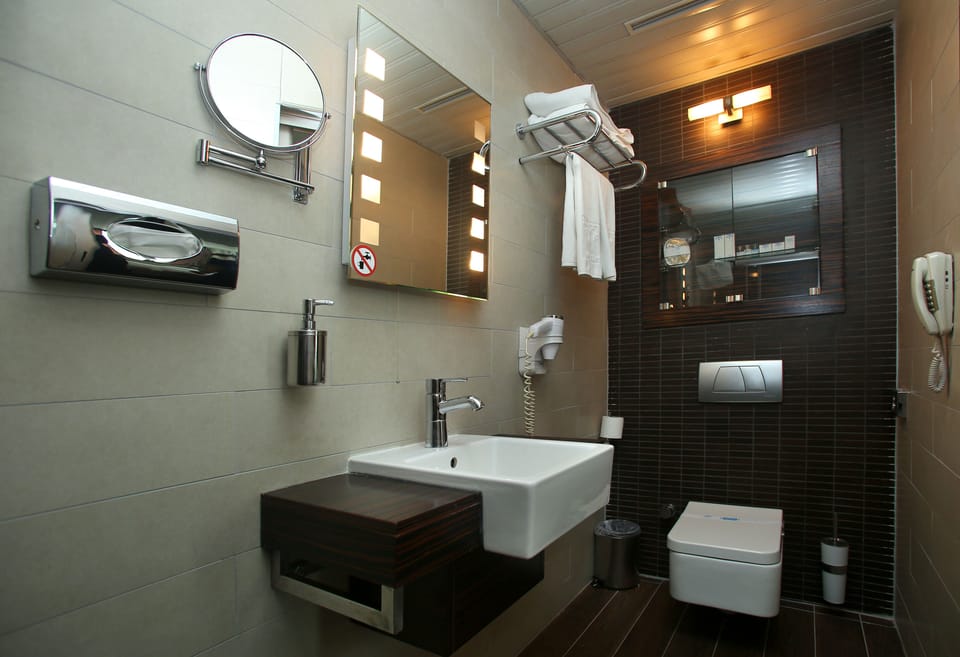 Shower, hair dryer, bathrobes, towels