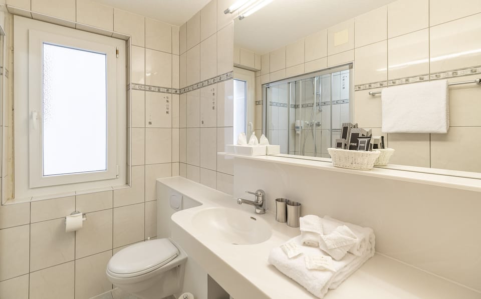 Separate tub and shower, free toiletries, hair dryer, bathrobes