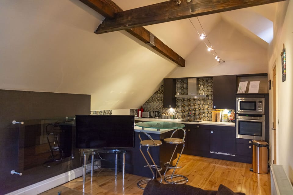 Apartment | Private kitchen | Full-size fridge, microwave, oven, stovetop