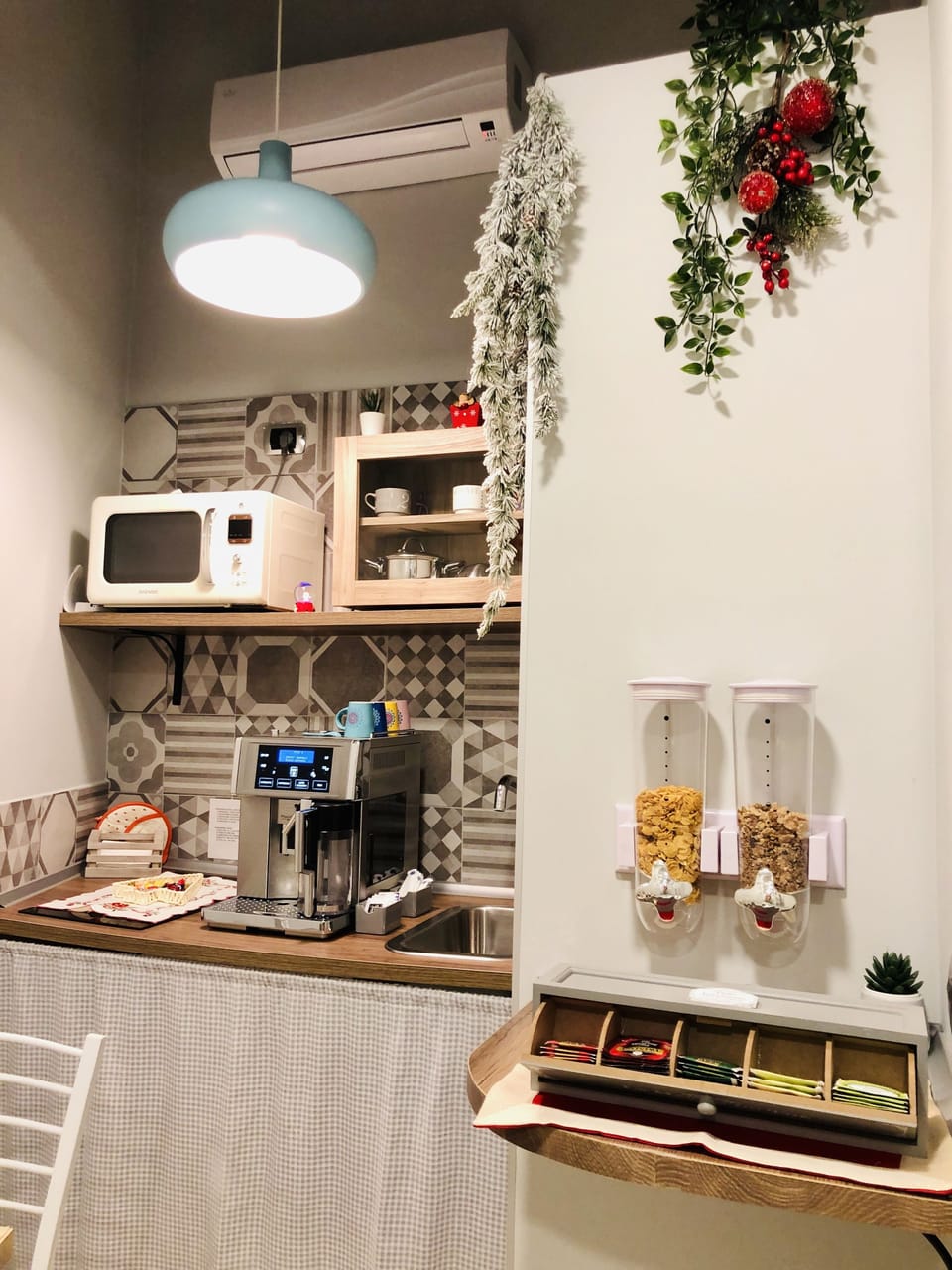 Mini-fridge, microwave, stovetop, espresso maker