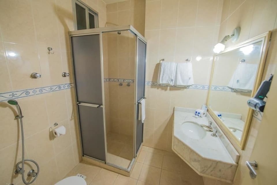 Shower, free toiletries, hair dryer, towels