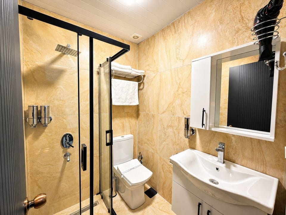 Shower, eco-friendly toiletries, hair dryer, slippers
