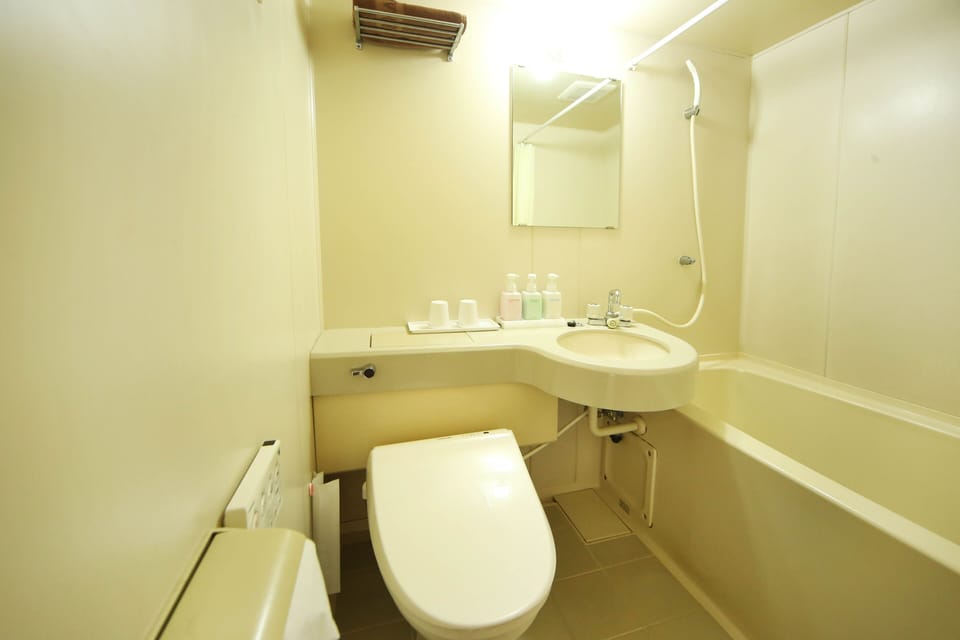 Combined shower/tub, deep soaking tub, free toiletries, hair dryer