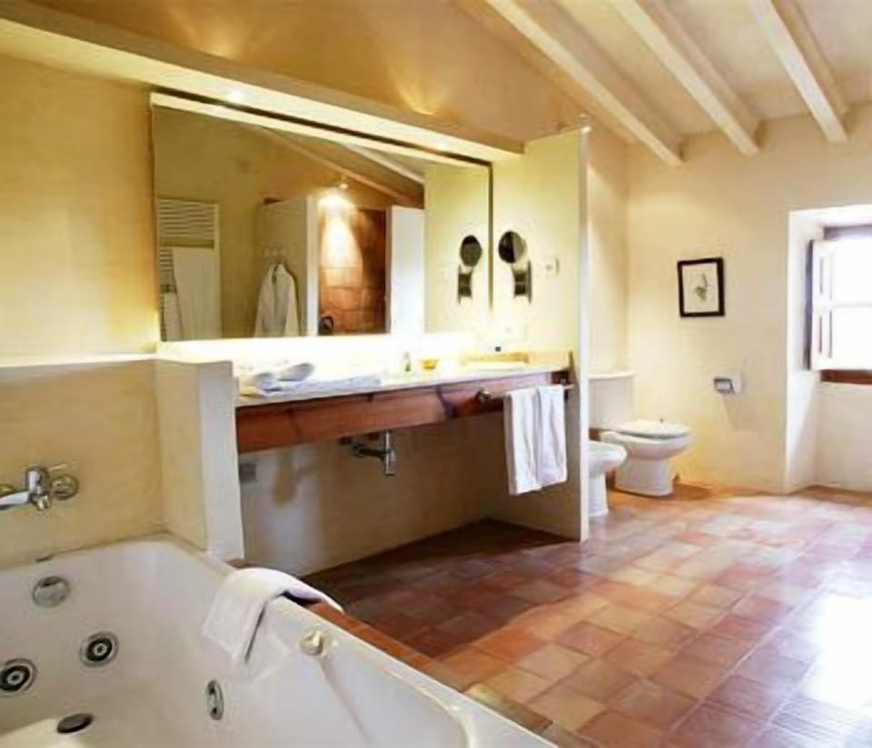Separate tub and shower, jetted tub, hair dryer, bathrobes