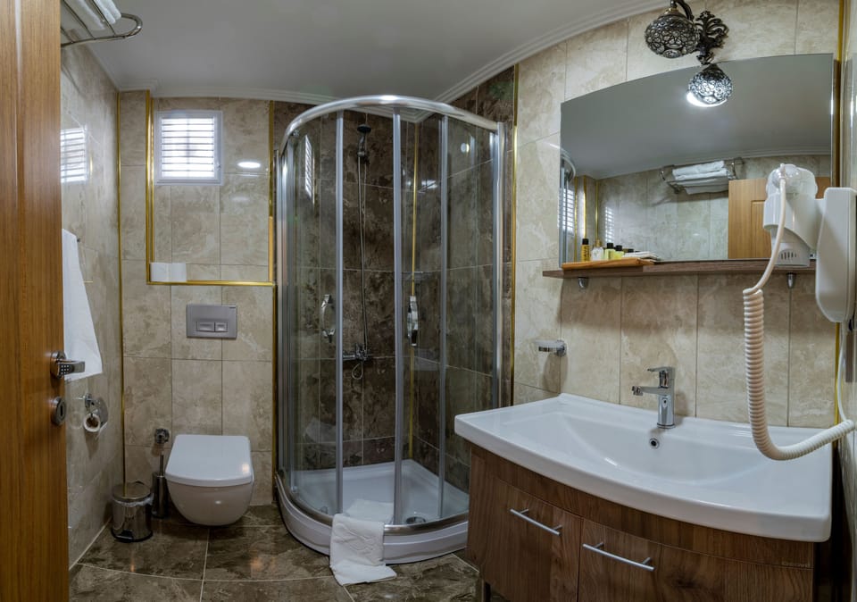 Shower, hydromassage showerhead, designer toiletries, hair dryer