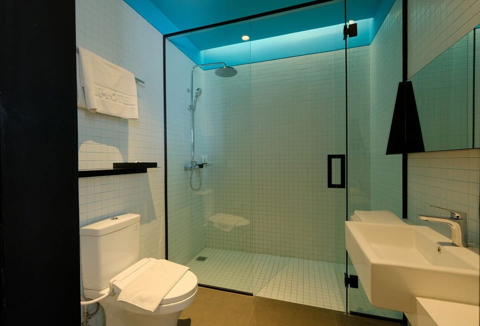Shower, free toiletries, slippers, towels