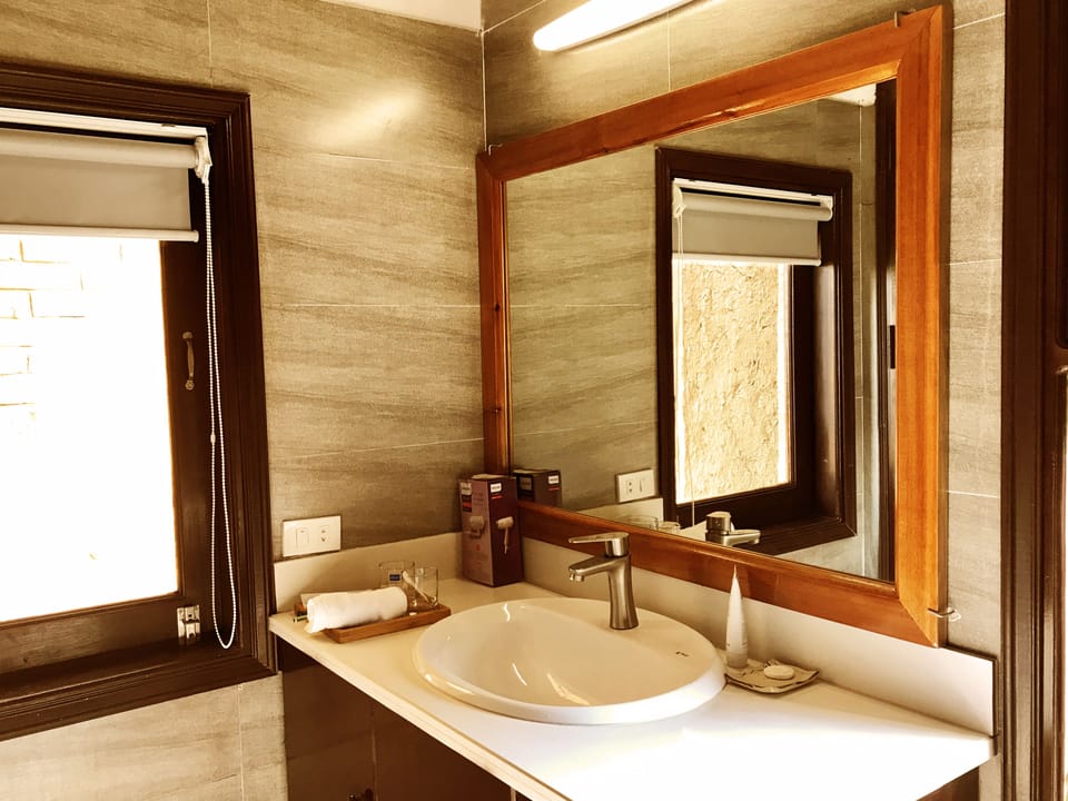 Shower, rainfall showerhead, hair dryer, bathrobes