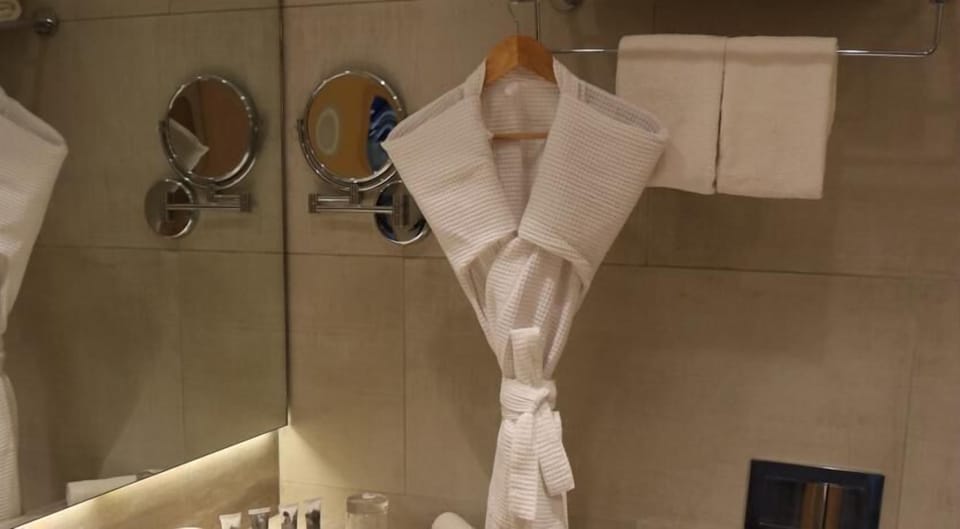 Shower, rainfall showerhead, free toiletries, hair dryer