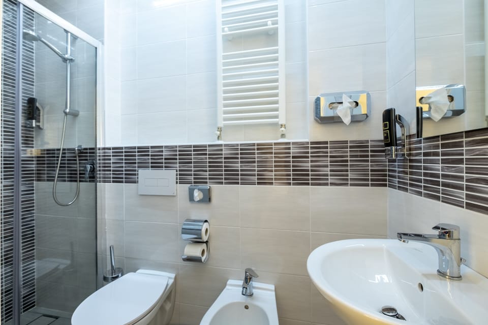 Shower, free toiletries, hair dryer, bidet