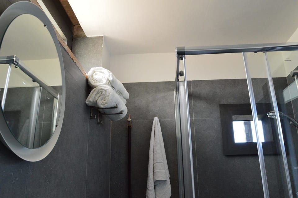 Shower, hair dryer, bathrobes, towels