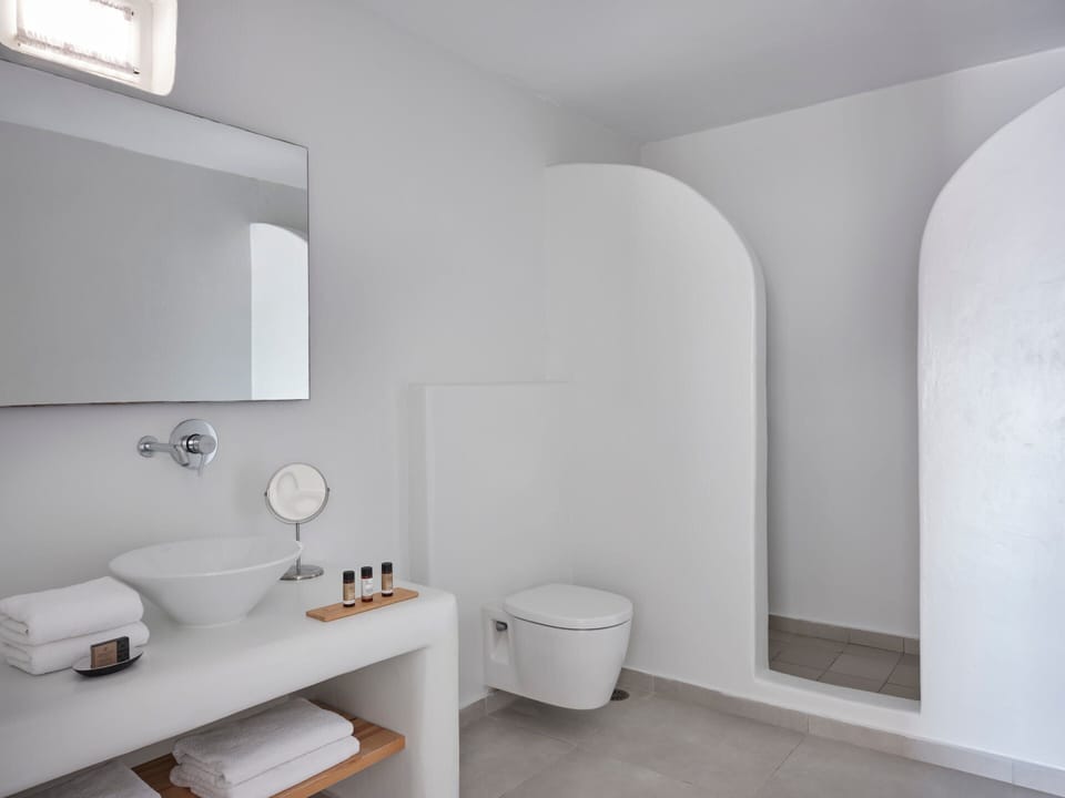 Shower, rainfall showerhead, designer toiletries, hair dryer
