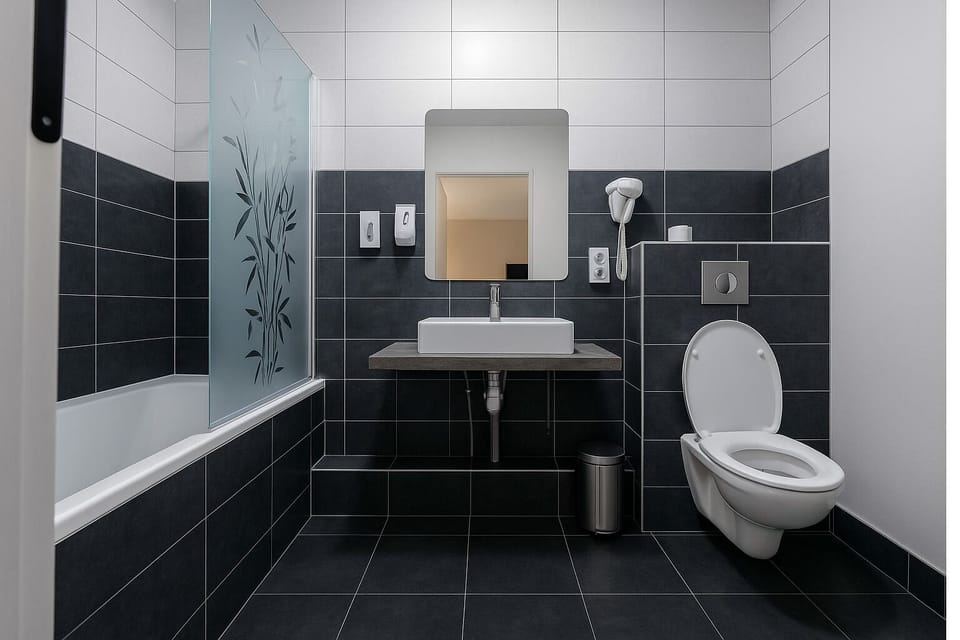 Combined shower/tub, deep soaking tub, free toiletries, hair dryer