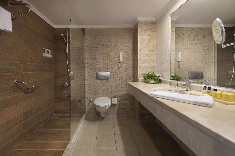 Deep soaking tub, rainfall showerhead, free toiletries, hair dryer