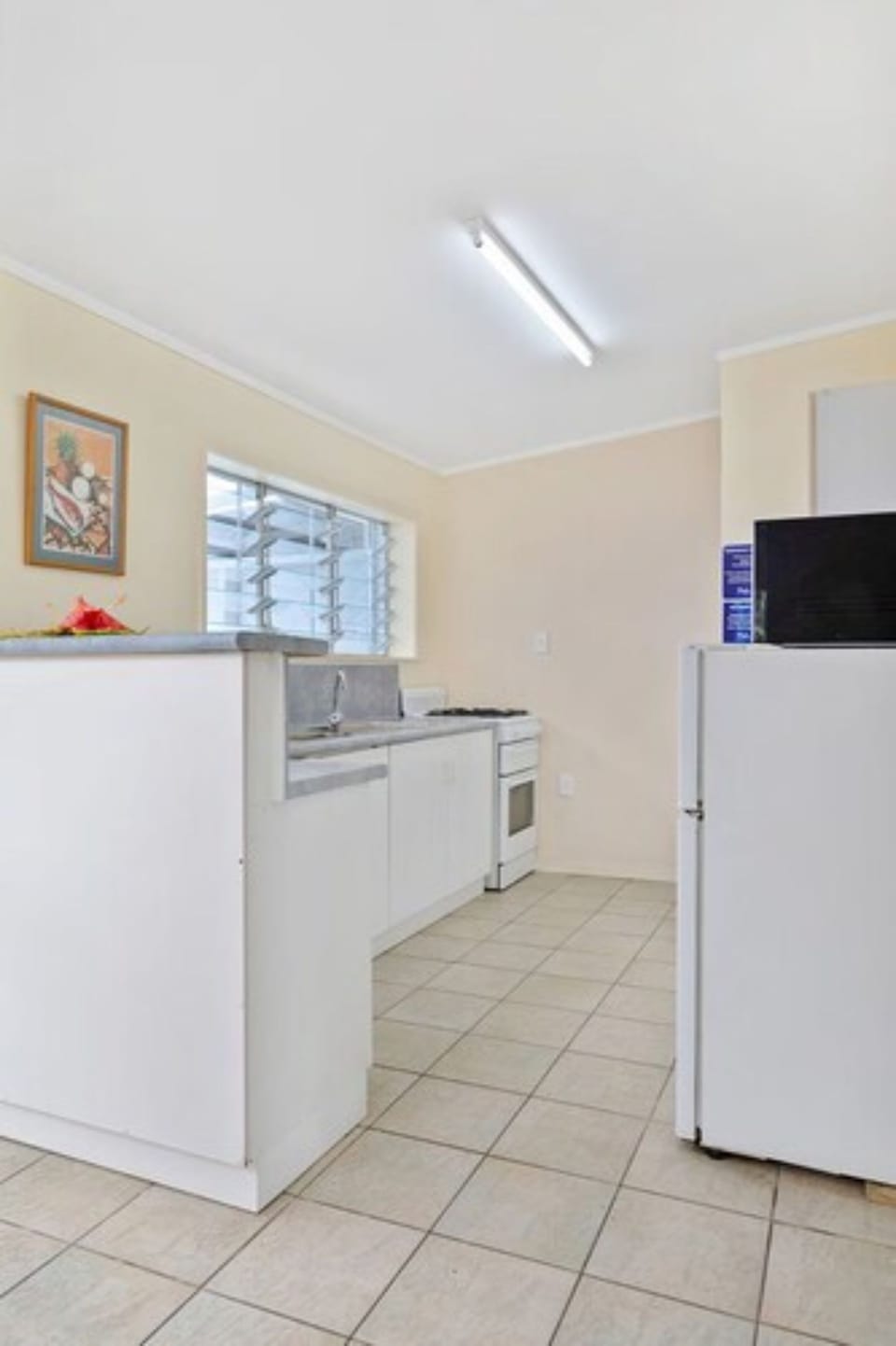 Coffee/tea maker, full-size fridge, microwave, stovetop