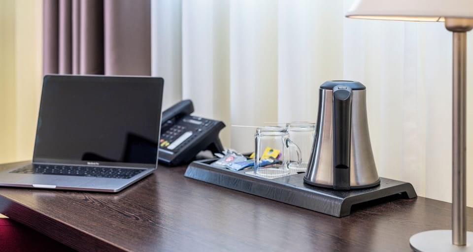 Minibar, desk, laptop workspace, blackout drapes