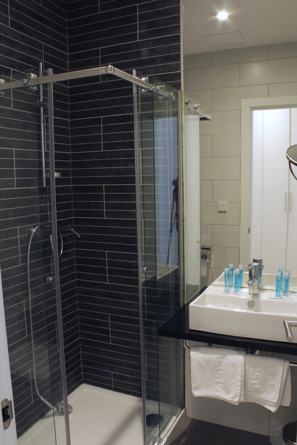 Hair dryer, towels, soap, shampoo
