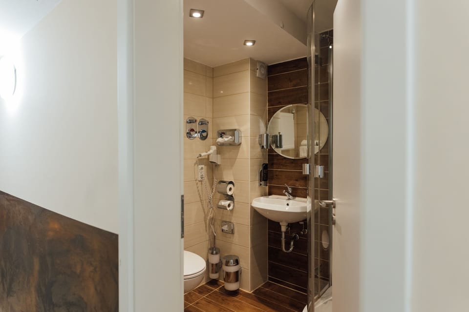 Economy Triple Room (Souterrain) | Bathroom | Shower, hair dryer, towels