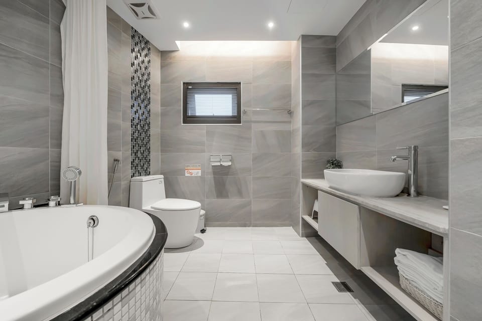 Hair dryer, towels, shampoo, toilet paper