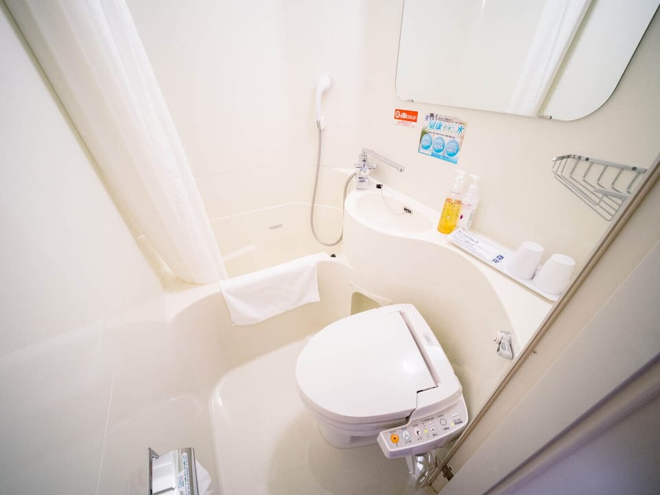 Combined shower/tub, free toiletries, hair dryer, slippers