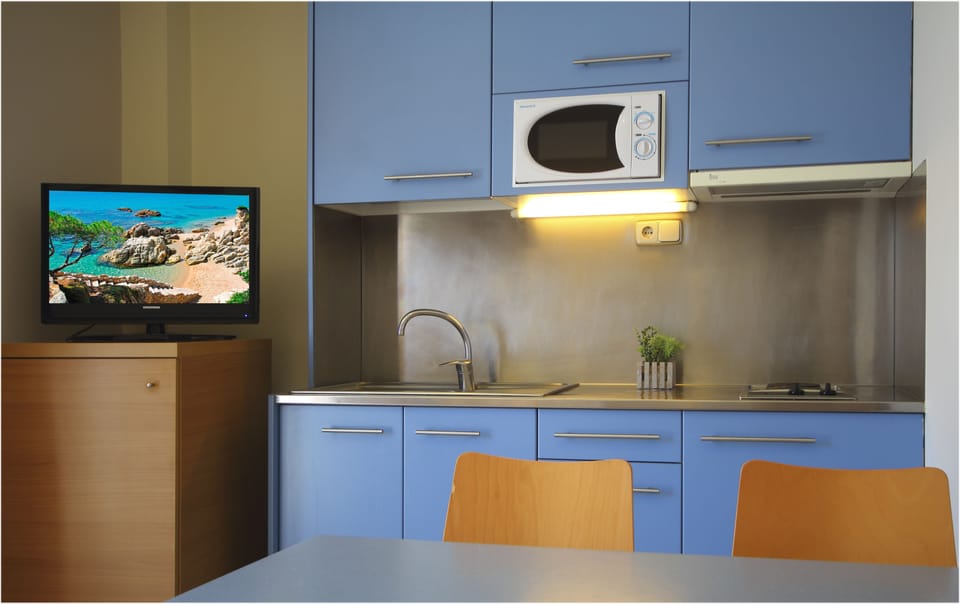 Fridge, microwave, stovetop, cookware/dishes/utensils