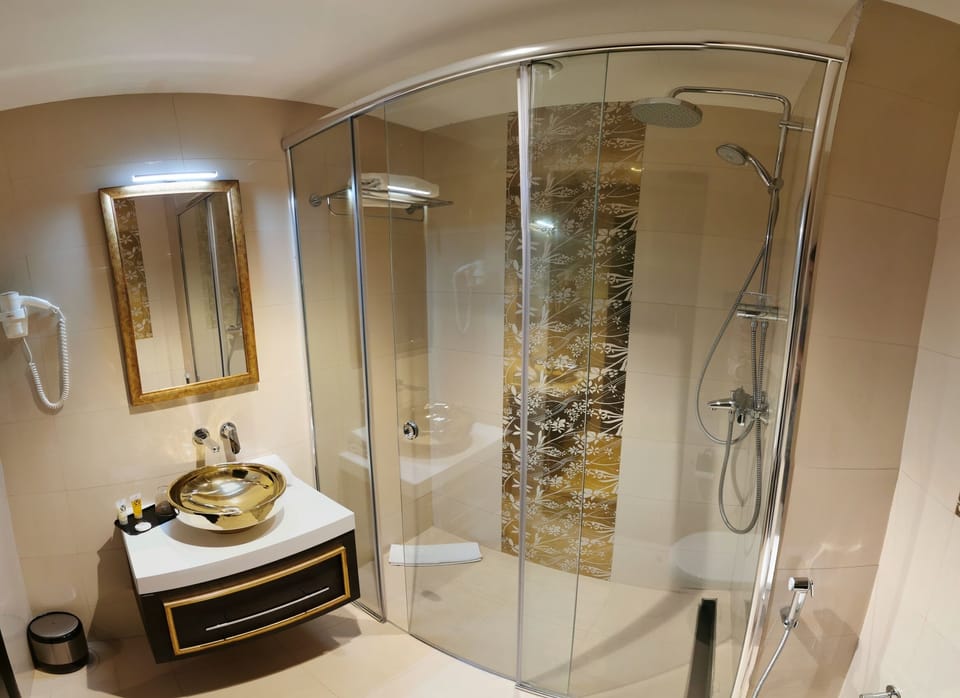 Shower, free toiletries, hair dryer, slippers