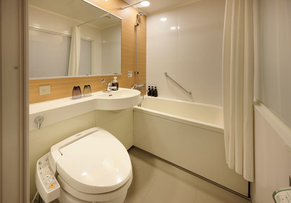 Combined shower/tub, eco-friendly toiletries, hair dryer, slippers