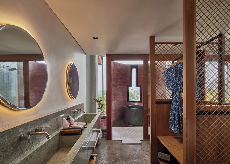 Separate tub and shower, deep soaking tub, bathrobes, slippers