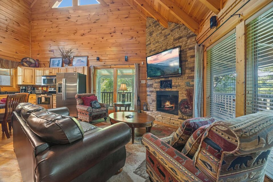 Cabin, Multiple Beds, Hot Tub, Mountain View | Living area | 42-inch flat-screen TV with cable channels, TV, fireplace
