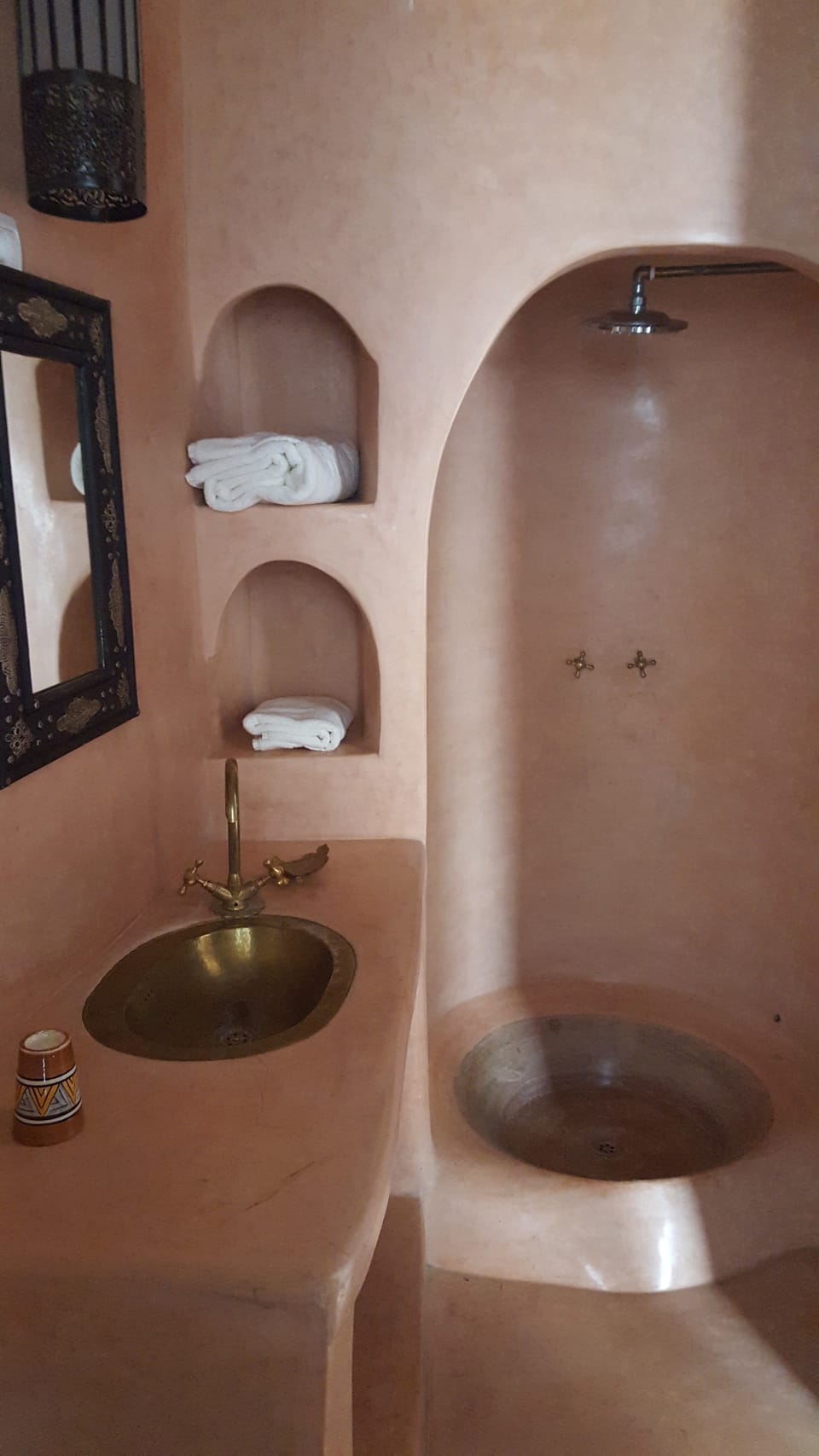 Shower, rainfall showerhead, designer toiletries, hair dryer