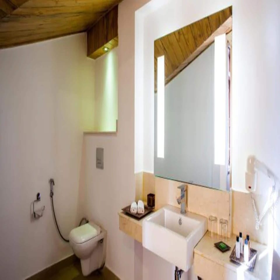 Shower, rainfall showerhead, free toiletries, hair dryer