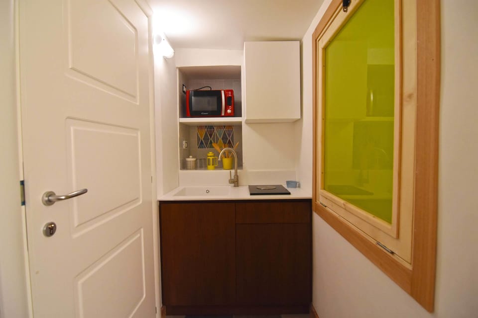 Fridge, microwave, stovetop, espresso maker