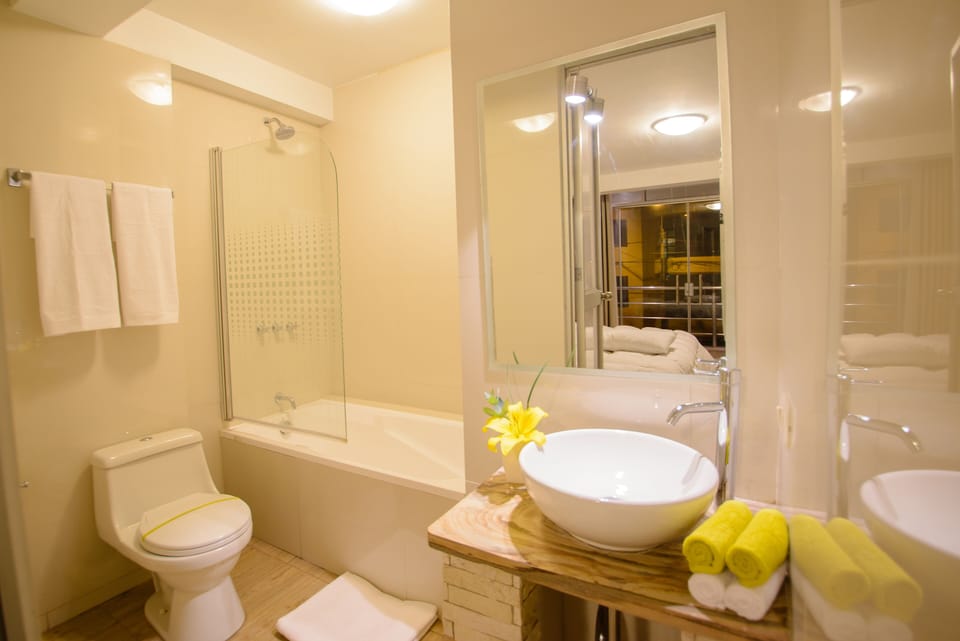 Deluxe Room, 1 King Bed | Bathroom | Combined shower/tub, hair dryer, towels, soap