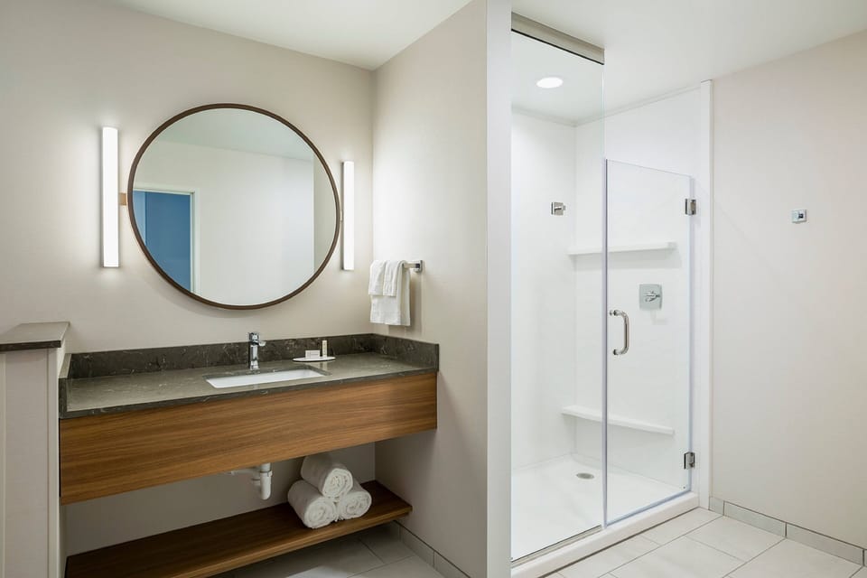 Hair dryer, towels, soap, shampoo