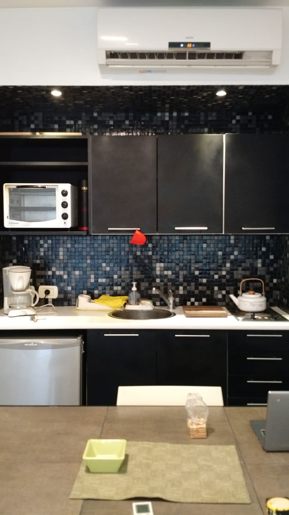 Fridge, microwave, oven, espresso maker
