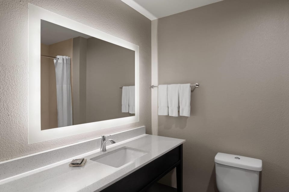 Combined shower/tub, free toiletries, hair dryer, towels
