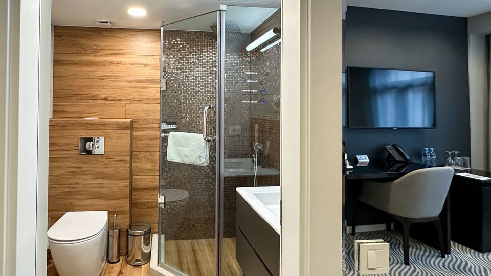 Shower, free toiletries, hair dryer, bathrobes