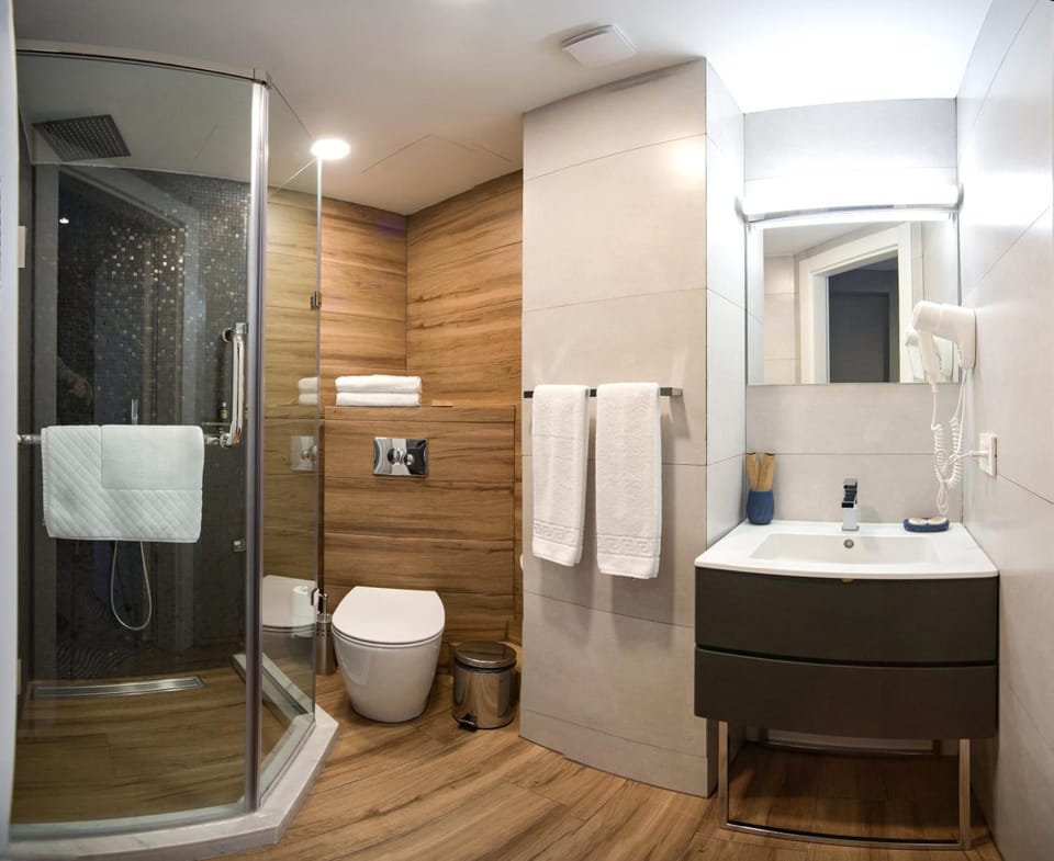Shower, free toiletries, hair dryer, bathrobes